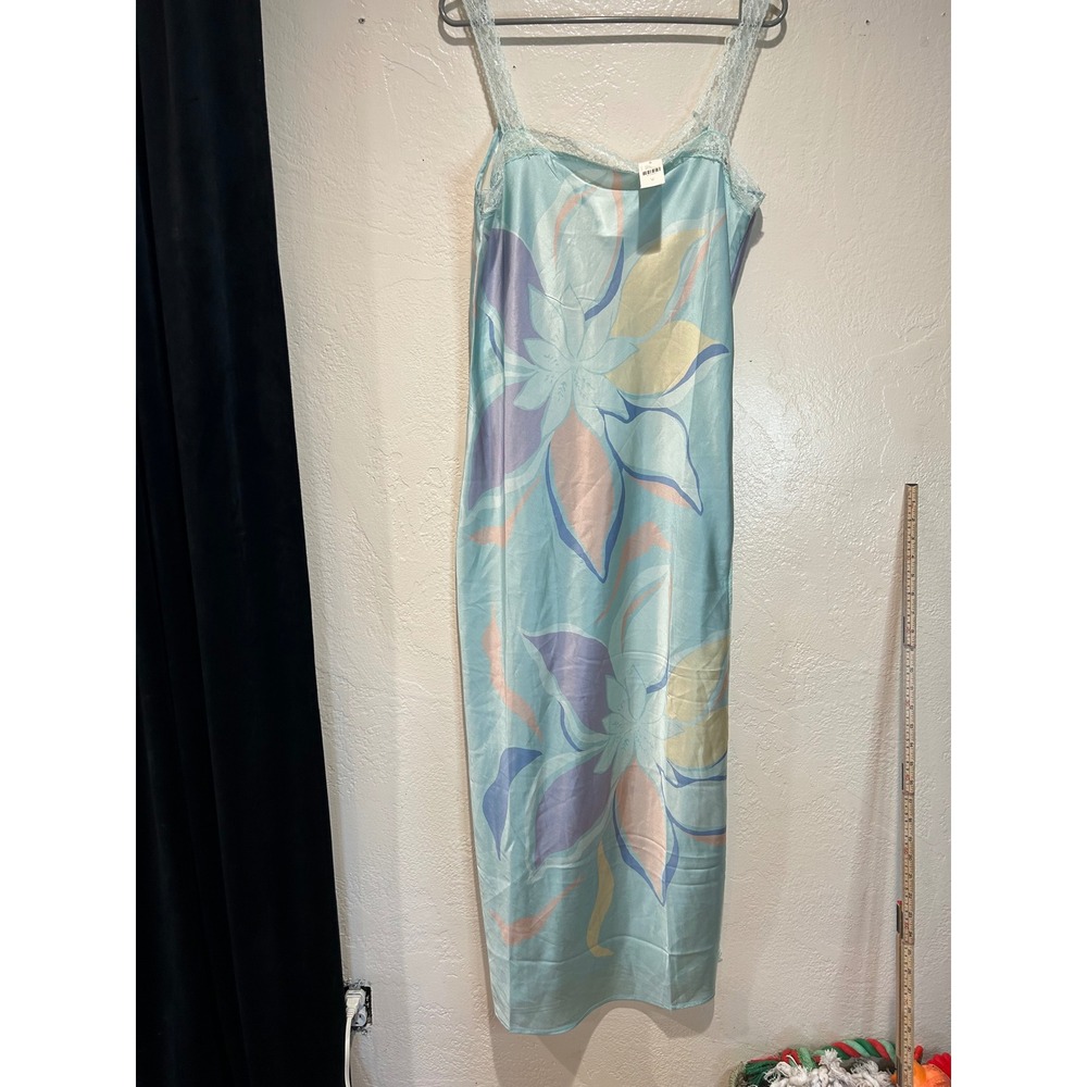 Anthropologie Mint Floral Satin Lace Trim Slip Midi Dress NWT Size M